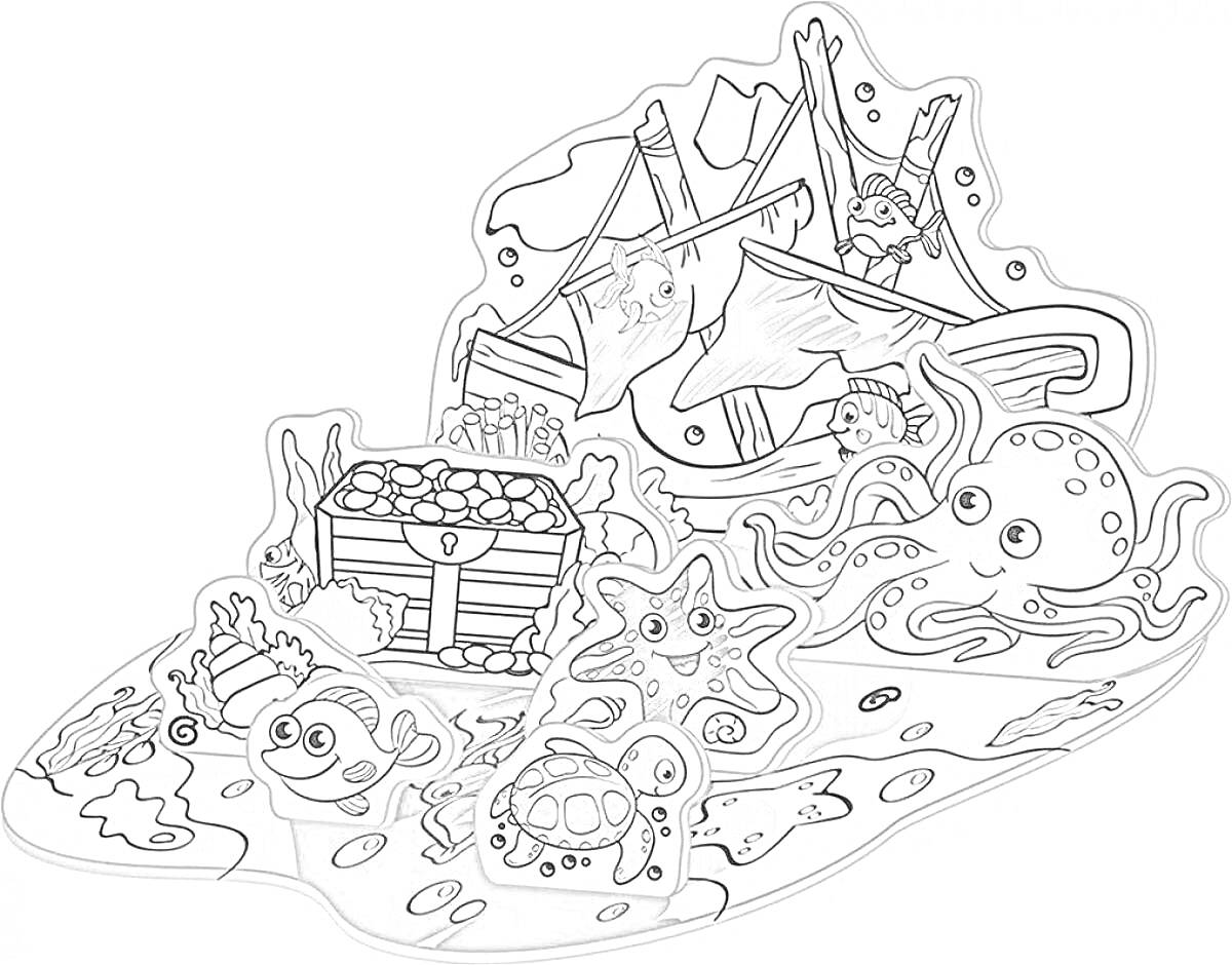 На раскраске изображено: Подводный мир, Пиратский корабль, Сундук с сокровищами, Черепаха, 3D, Морские приключения