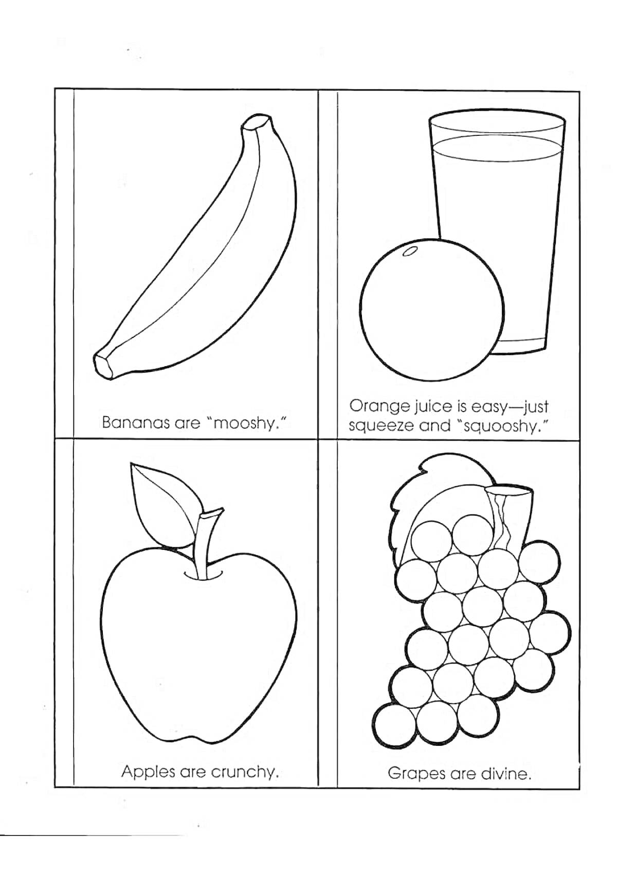 Раскраска Банан, апельсиновый сок и апельсин, яблоко, виноград