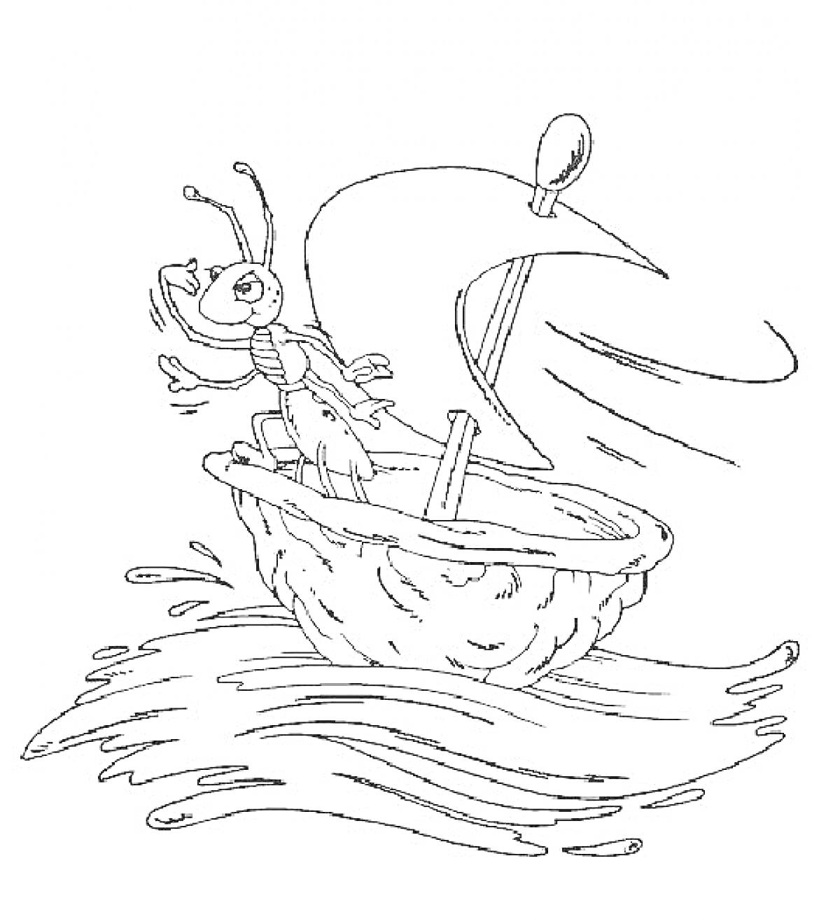 Раскраска Муравей на паруснике из скорлупы грецкого ореха