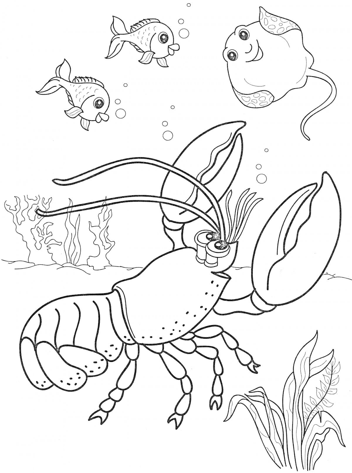 На раскраске изображено: Морской мир, Креветка, Скат, Подводные растения, Подводный мир