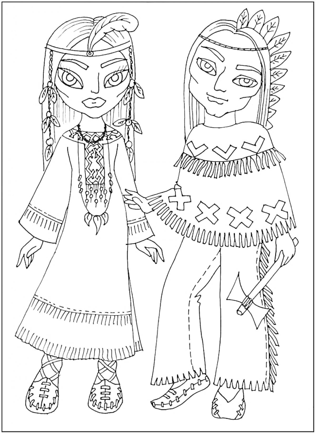 Раскраска Дети в традиционных костюмах с перьями и томагавком
