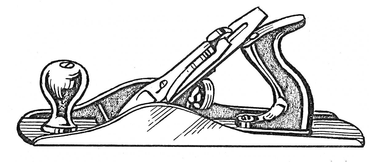 Раскраска Ручной рубанок с корпусом, лезвием, ручкой и обрабатываемой поверхностью
