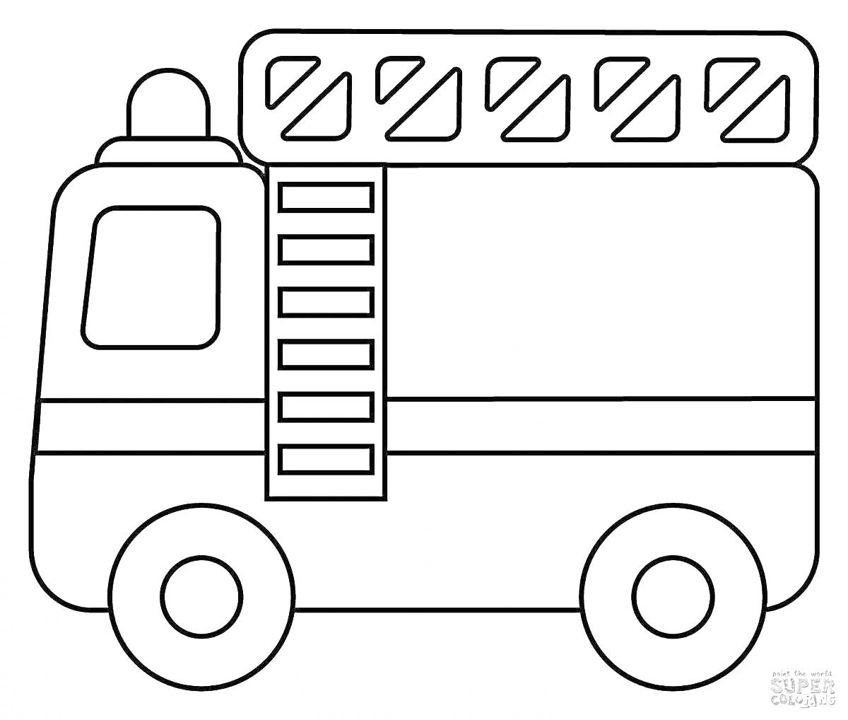 На раскраске изображено: Пожарная машина, Лестница, Колёса, Транспорт, Специальная техника