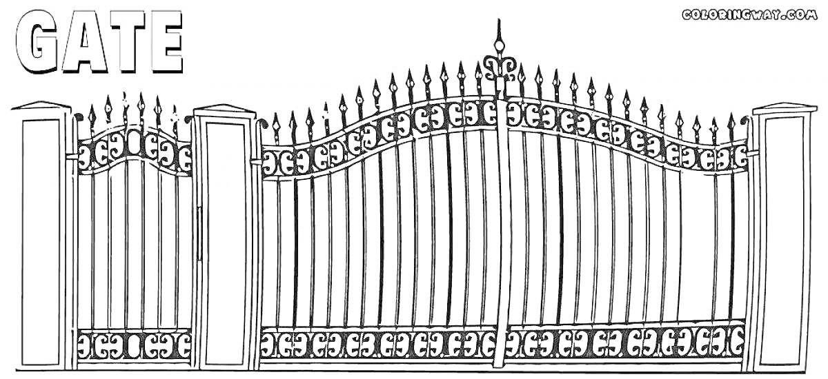 На раскраске изображено: Ворота, Столбы, Железо, Забор, Металлические детали, Завитки, Орнамент, Архитектура