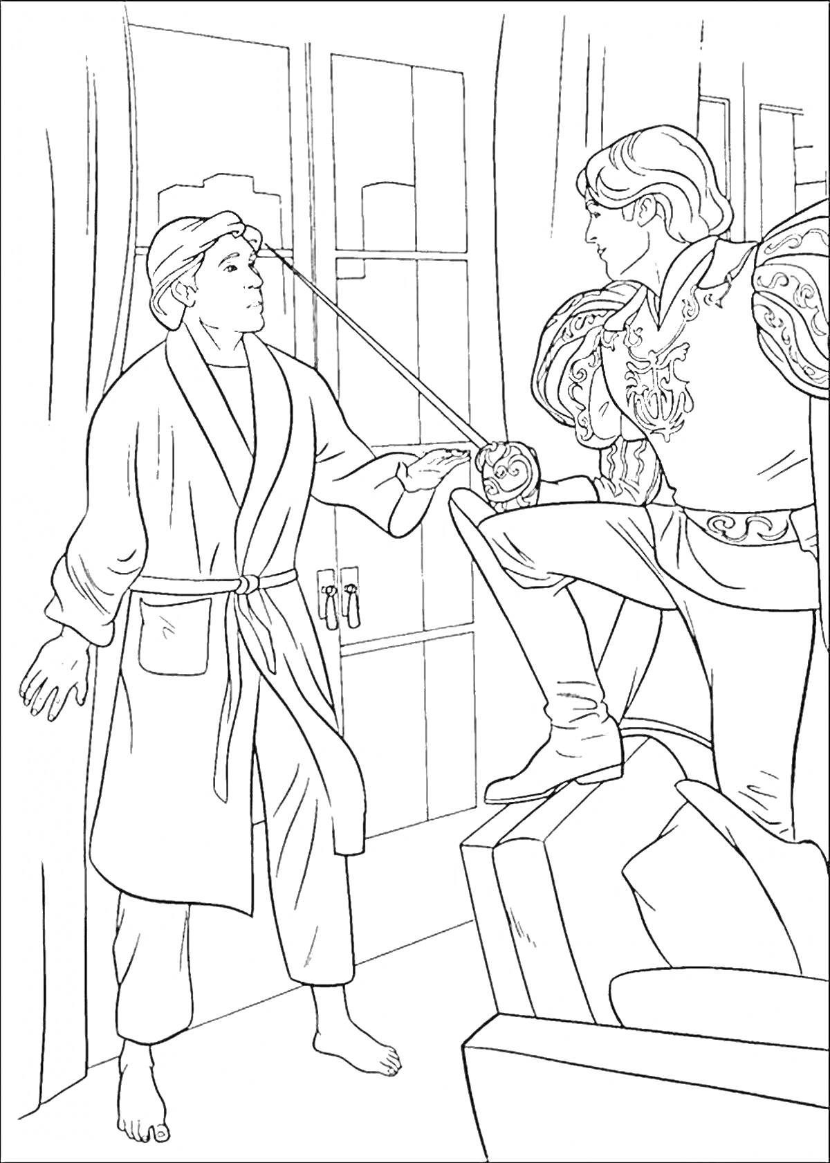 Раскраска Встреча мужчины в халате с рыцарем в доспехах в комнате