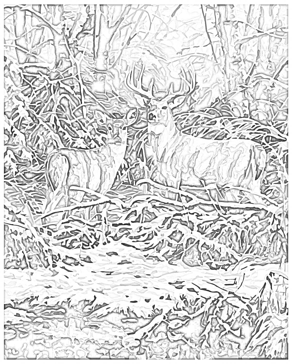 На раскраске изображено: Олень, Зимний лес, Ручей, Животные, Снег, Природа, Краски