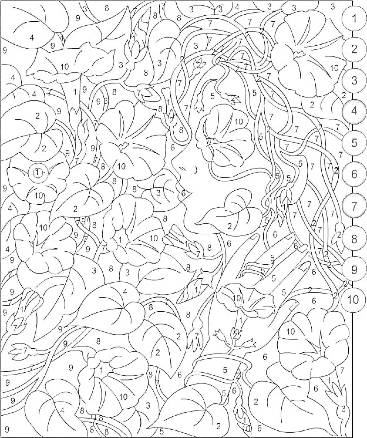 На раскраске изображено: Цветочный узор, Женщина, Лианы, Листва, Цветы, Ботаника, Природа