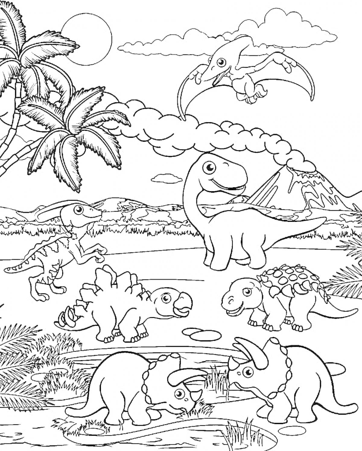 На раскраске изображено: Птеродактиль, Брахиозавр, Стегозавр, Трицератопс, Анкилозавр, Пейзаж, Пальмы, Вулкан, Облака, Солнце, Камни, Трава
