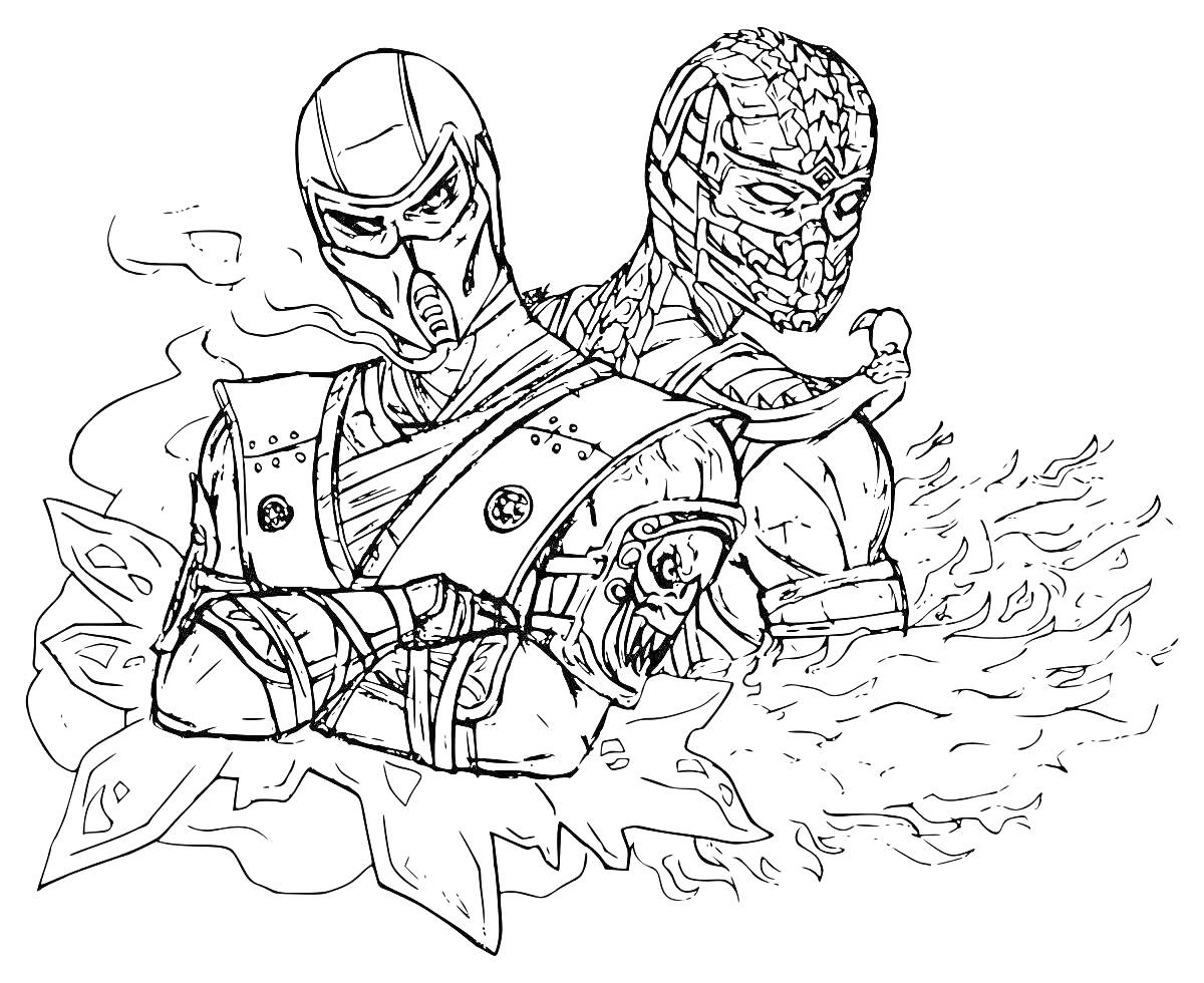 Раскраска Два ниндзя из Мортал Комбат: один в маске с руками на груди, второй с огненными волнами за спиной