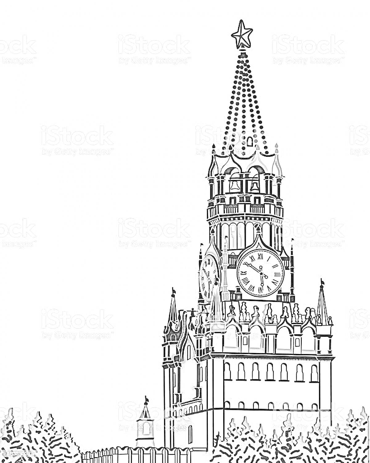 Раскраска Спасская башня Кремля с часами и шпилем, окруженная стеной и деревьями.