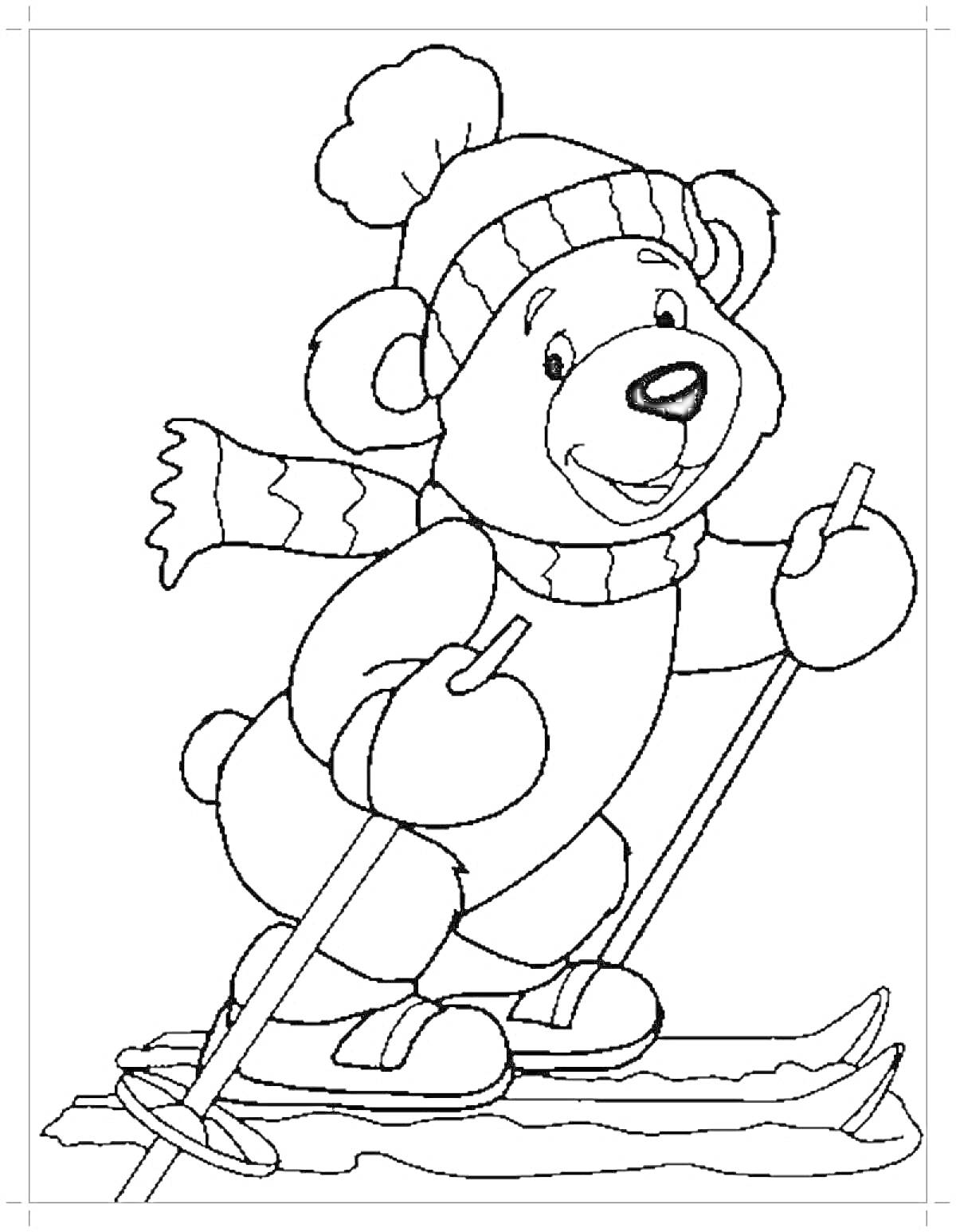 Медвежонок на лыжах в теплой одежде