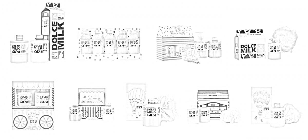 На раскраске изображено: Дольче милк, Упаковка, Коврики, Венчик
