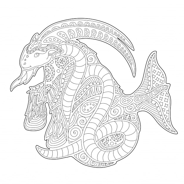 Раскраска Фантастический морской дракон с причудливыми узорами и декоративными элементами