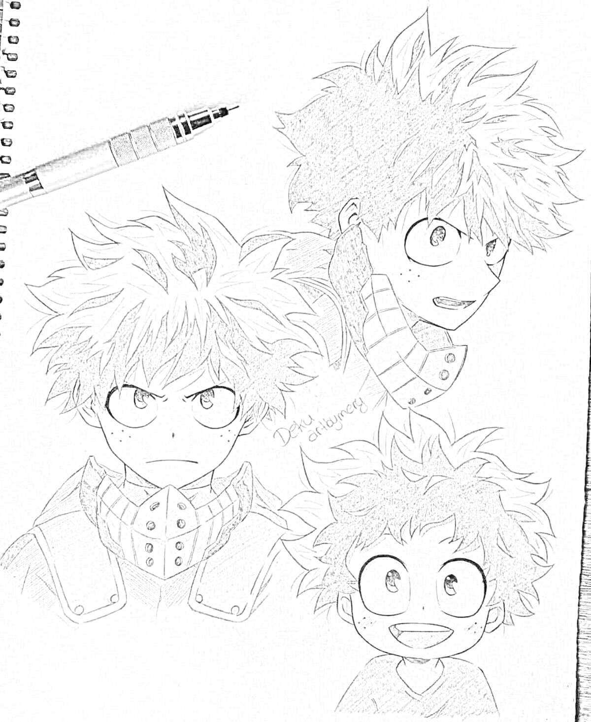 На раскраске изображено: Лицо, Аниме, Манга, Мальчик, Ручка, Блокнот