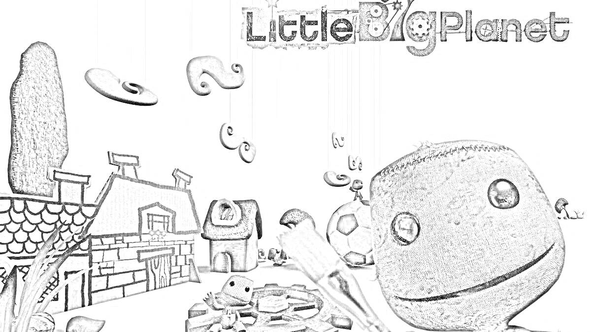 Раскраска Little Big Planet, персонажи, кисть, дом, пуговицы, деревья