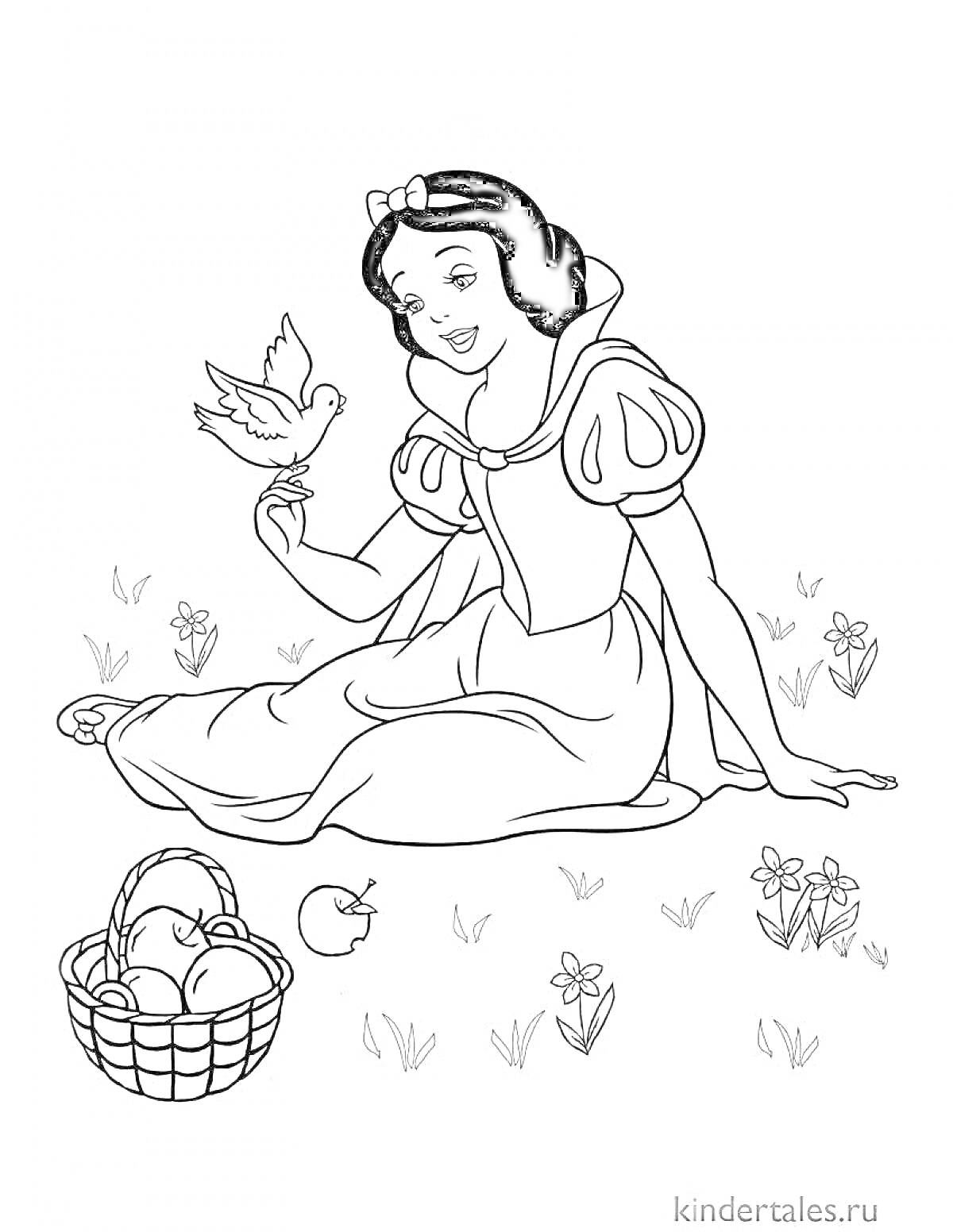 На раскраске изображено: Принцесса, Птица, Трава, Корзина, Цветы, Для девочек