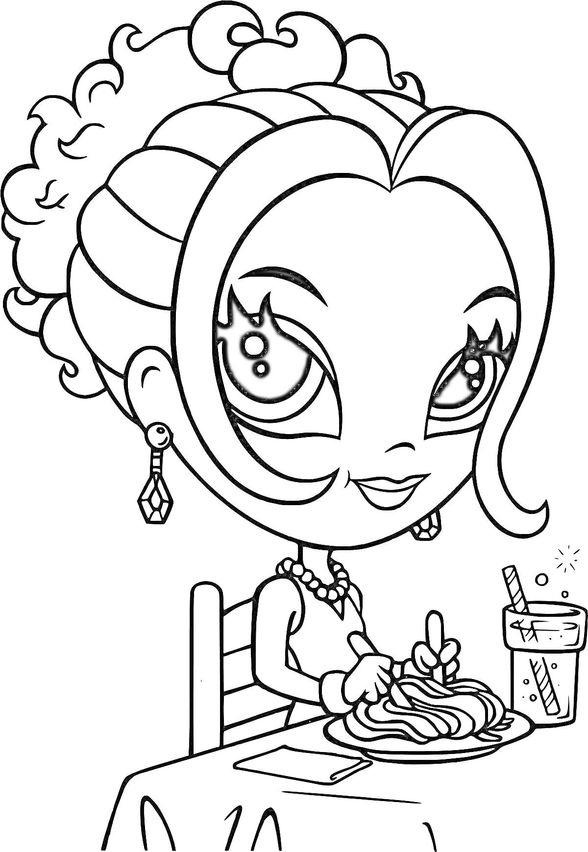 Раскраска Девочка с большими глазами за столом с пастой и напитком