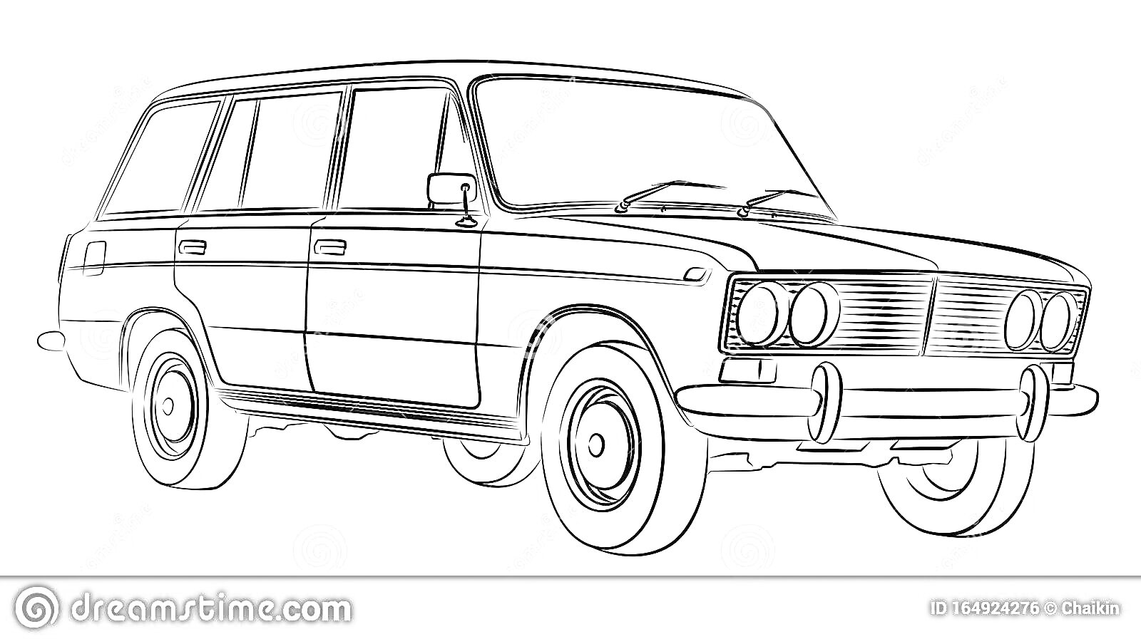 Раскраска Легковой автомобиль модели ВАЗ-2104 с четырьмя дверями, передними и задними фарами, передним бампером, колёсами и боковыми окнами