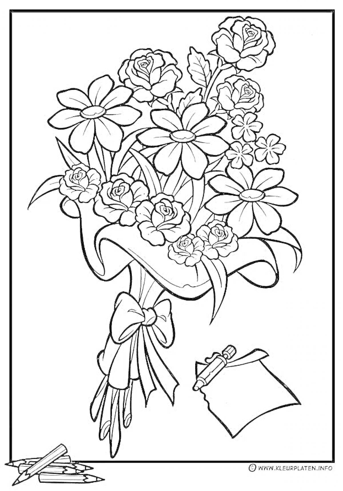 На раскраске изображено: Цветы, Розы, Бант