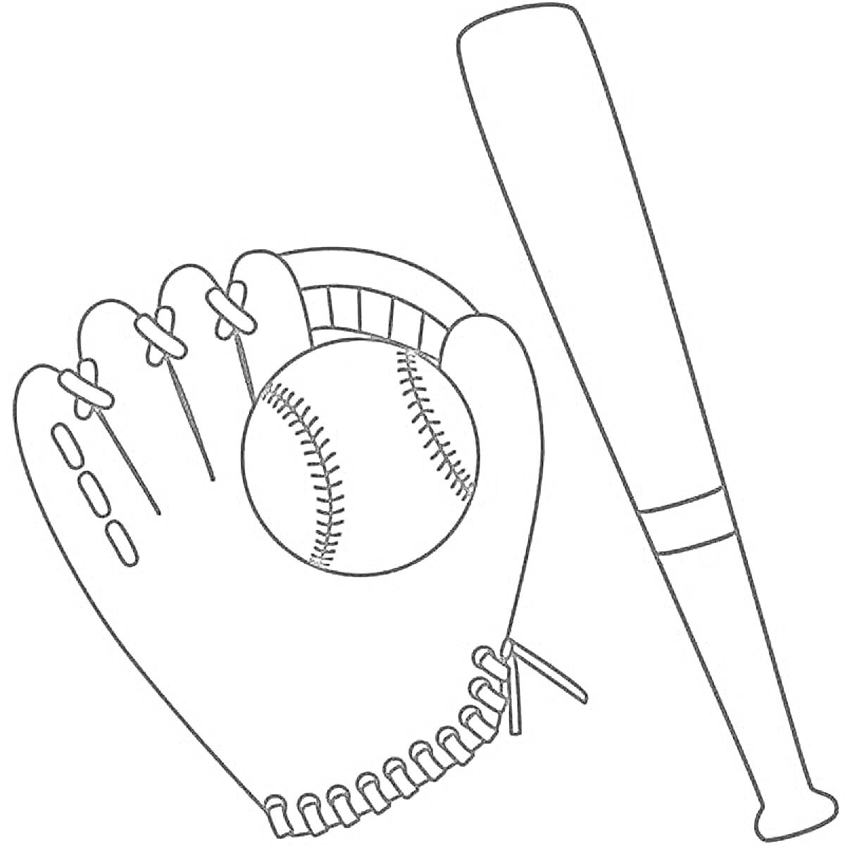 На раскраске изображено: Спорт, Бейсбол, Бейсбольная перчатка, Бейсбольный мяч, Бейсбольная бита, Инвентарь
