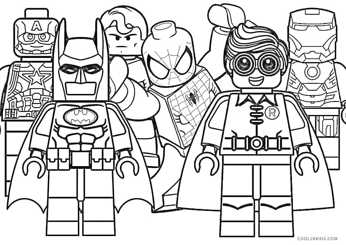 На раскраске изображено: Лего, Капитан америка, Бэтмен, Супермен, Человек-Паук, Железный человек, Супергерои, Для детей, Робин Гуд