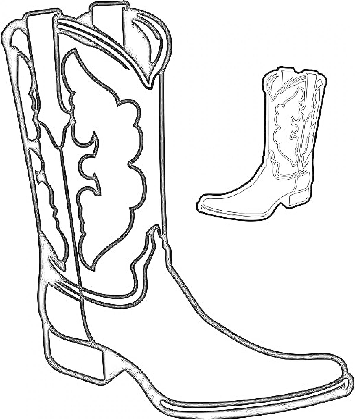 Раскраска Ковбойский сапог с декоративным узором на длинном ботинке и маленьким изображением того же сапога