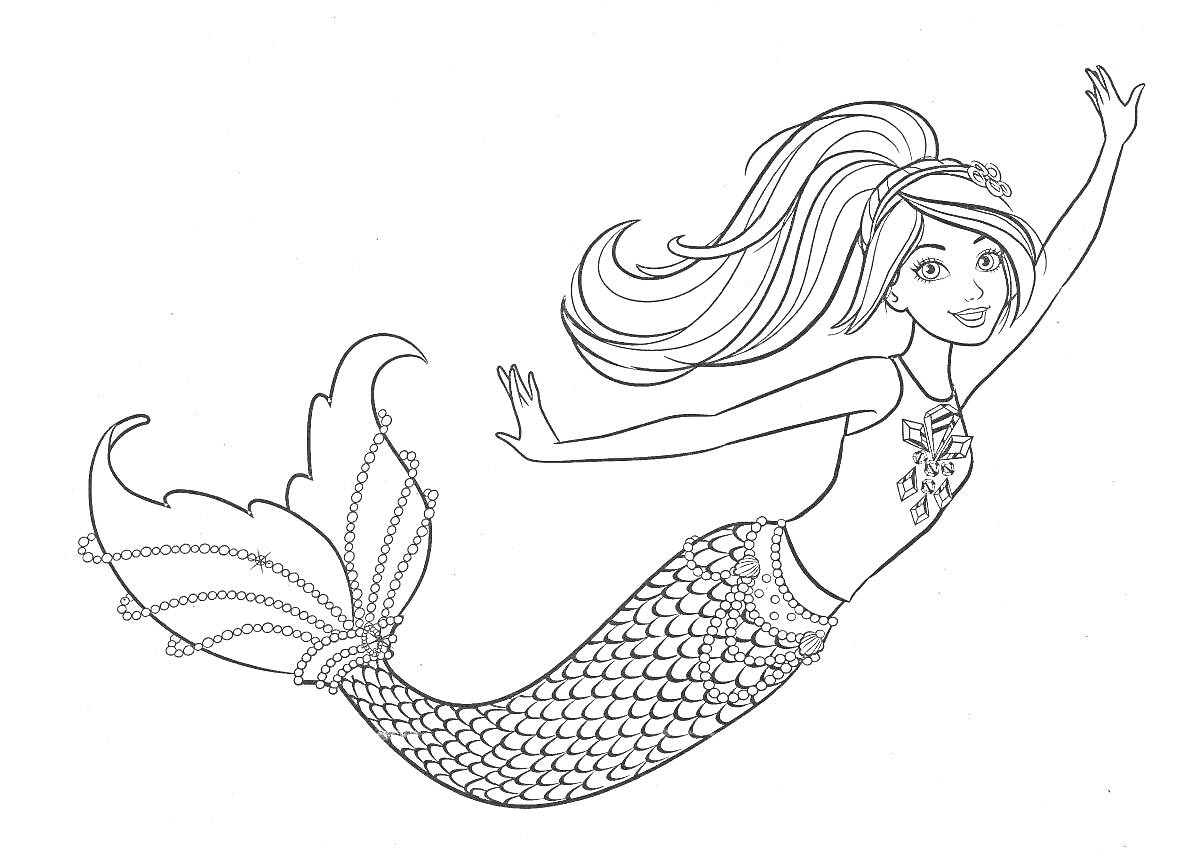 Раскраска Плывущая русалка с длинными волосами и украшениями на хвосте