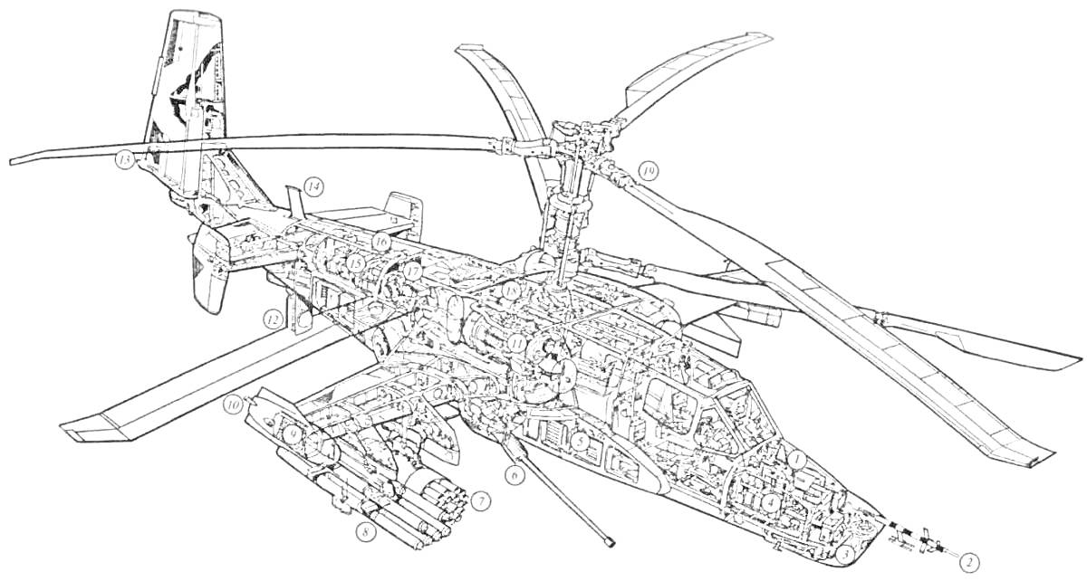 Раскраска чертеж вертолета Ка-52 с раскрытием внутренних элементов и структур