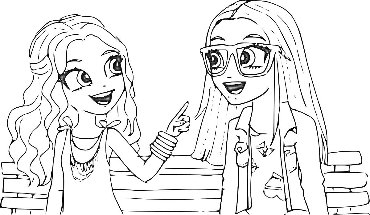 Раскраска Две девочки на скамейке, одна в очках, другая с браслетами, одна указывает на другую