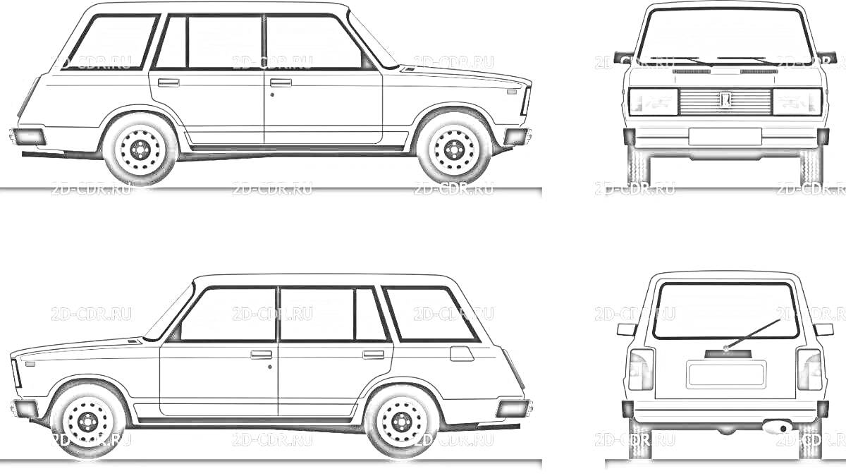 Раскраска Схематическое изображение автомобиля ВАЗ-2104 с разных ракурсов: вид сбоку, вид спереди и вид сзади