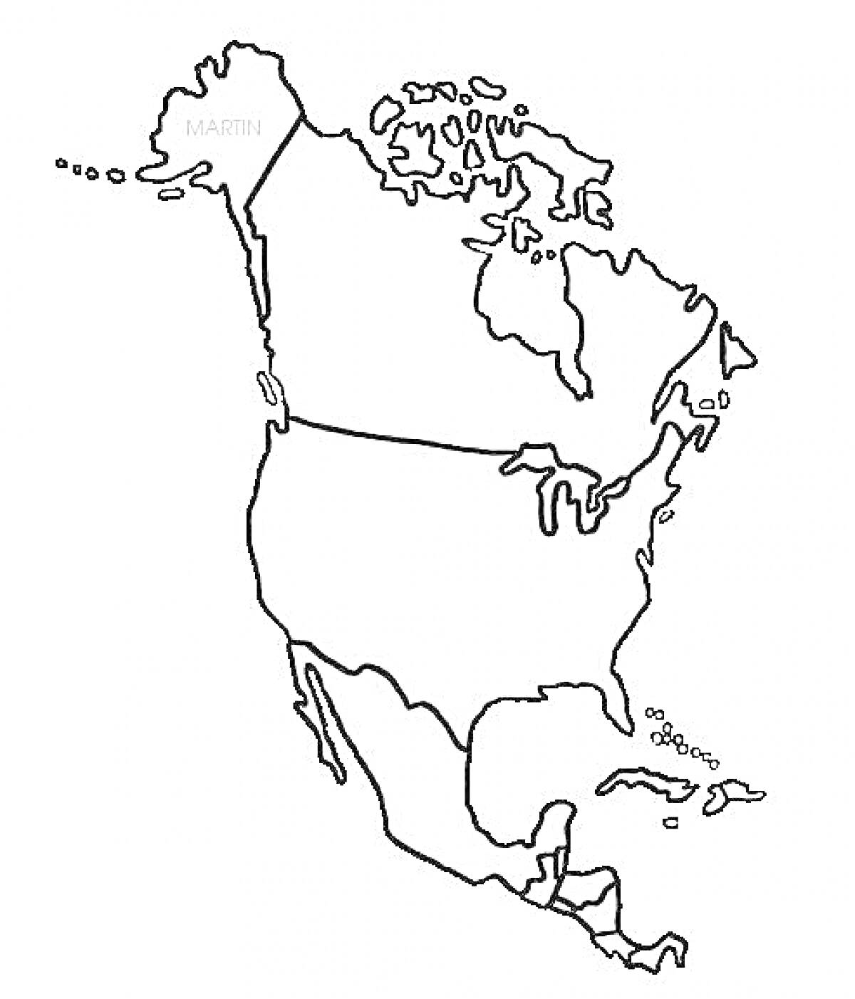 Раскраска Контурная карта Северной Америки с границами стран