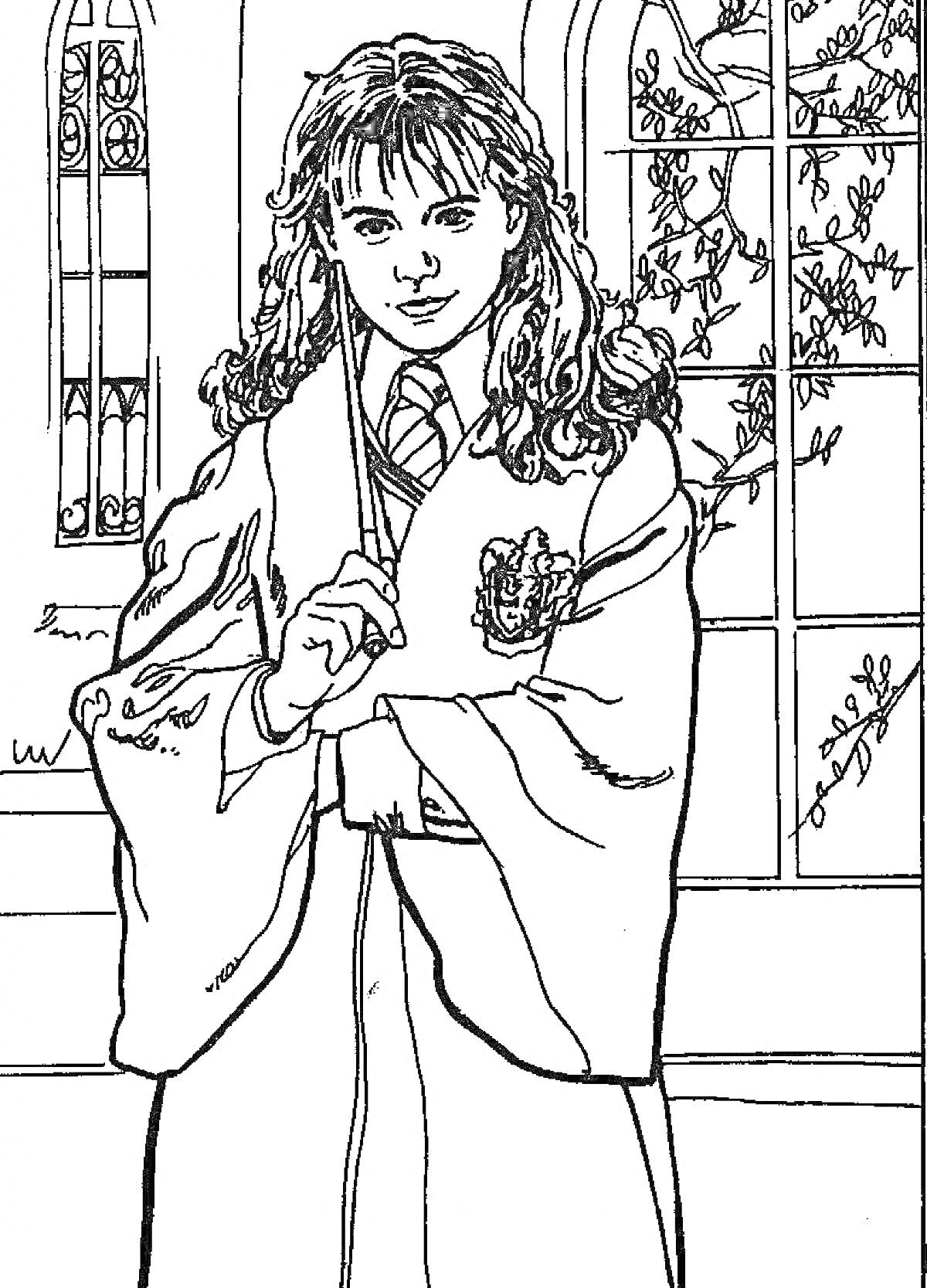 Раскраска Девочка в мантии с гербом, стоящая у окна