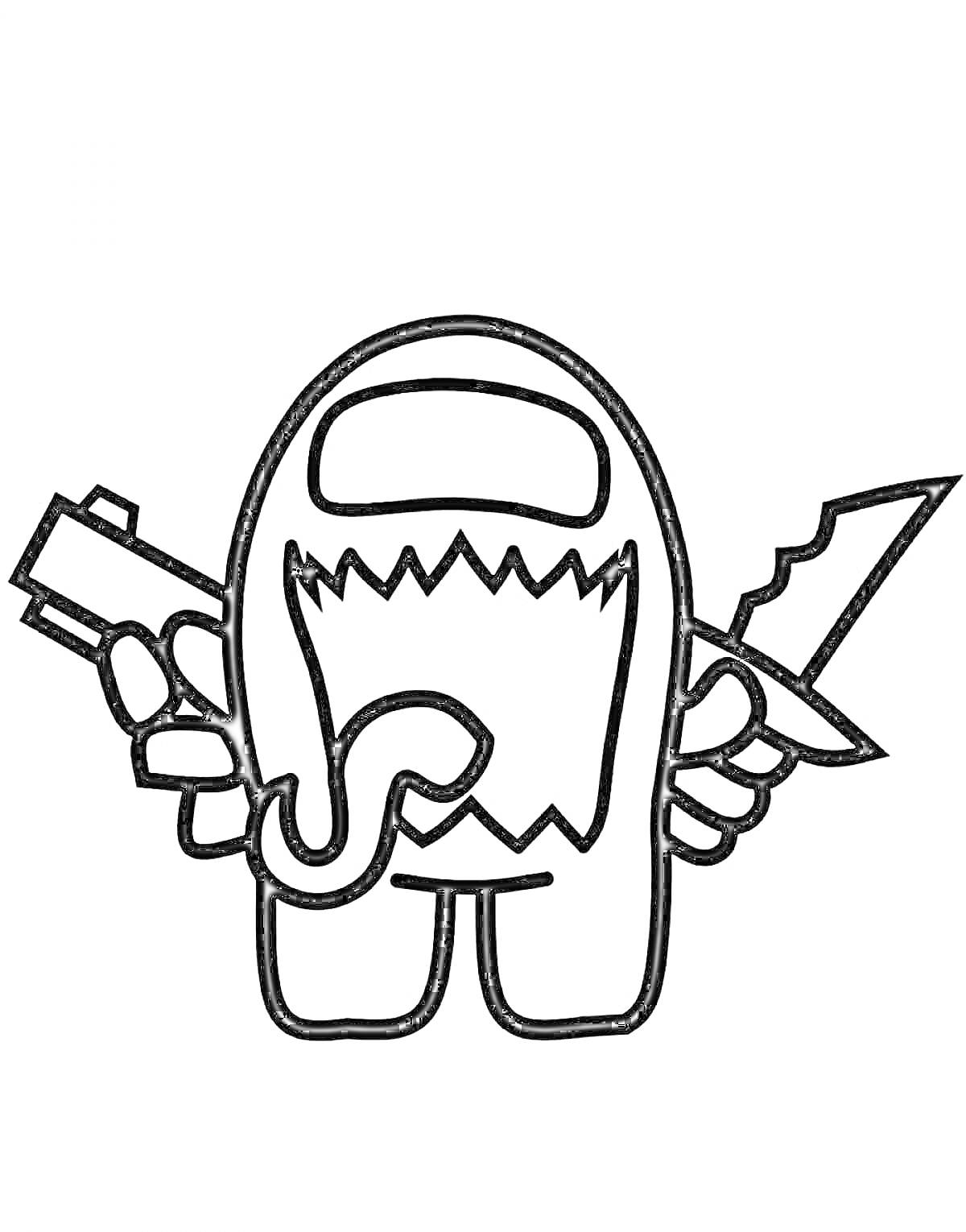 Раскраска Персонаж из игры Among Us с открытым ртом, исказанным зубами, вываливающимся языком, держащий нож и пистолет