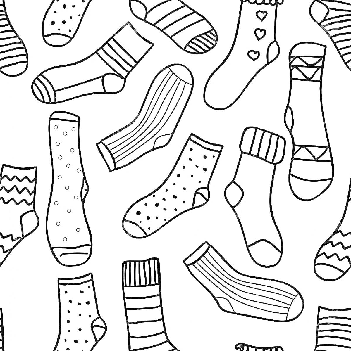 Раскраска Детские носки с сердечками, полосками, точками и узорами