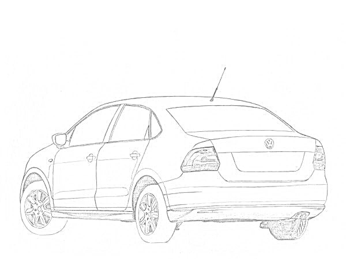 Раскраска Чертеж автомобиля Volkswagen Polo, вид сзади, с дверями, антеной, колесами, фарами и логотипом.