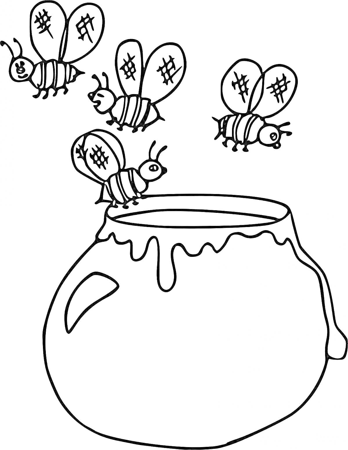 На раскраске изображено: Пчёлы, Мёд, Баночка, Природа, Крылья, Улей, Сладости, Насекомое, Горшки