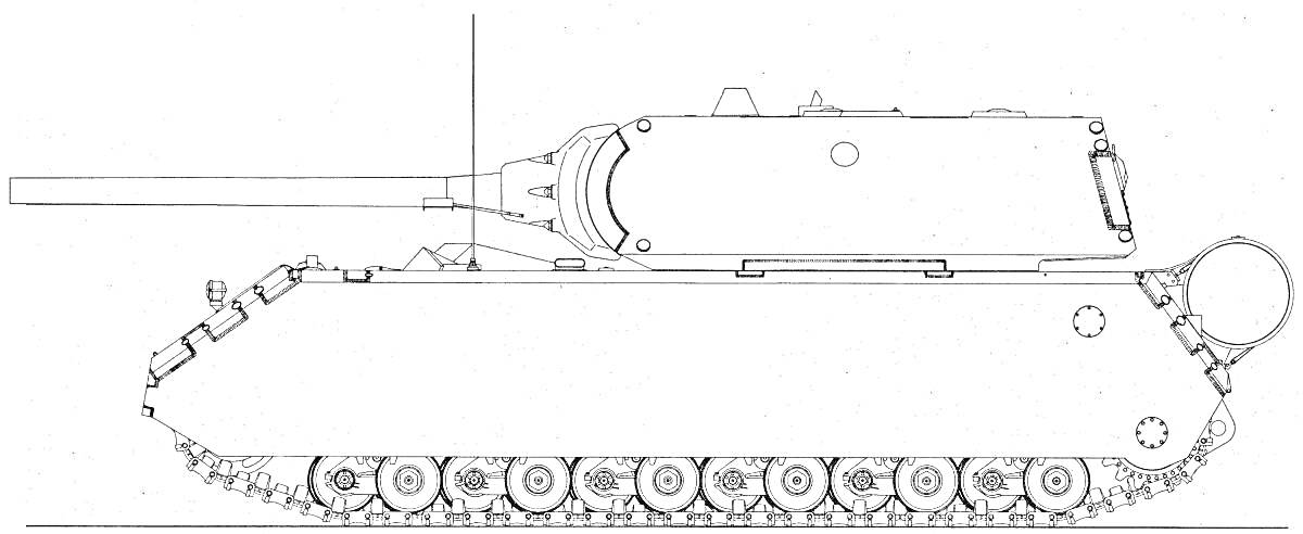 Раскраска E100, тяжелый танк в профиле с длинным стволом и гусеницами