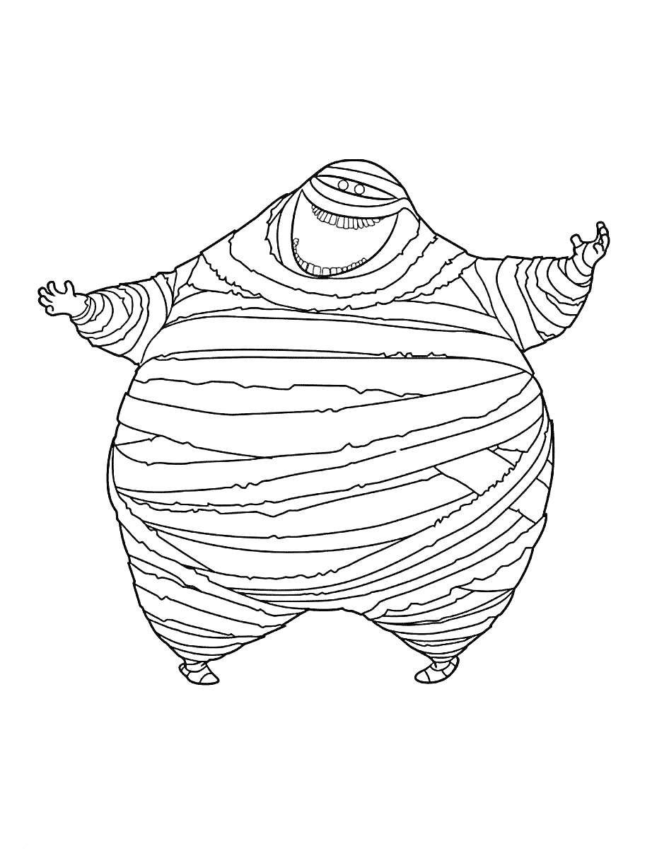 Раскраска Мумия с одним глазом в бинтах, стоящая с поднятыми руками