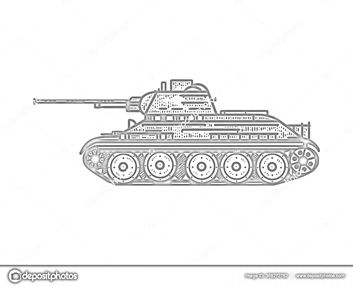 На раскраске изображено: Танк, Т-34, Средний танк, Вторая мировая война, Военная техника, Для детей, Военное оборудование, Гусеницы, Орудие, Арт