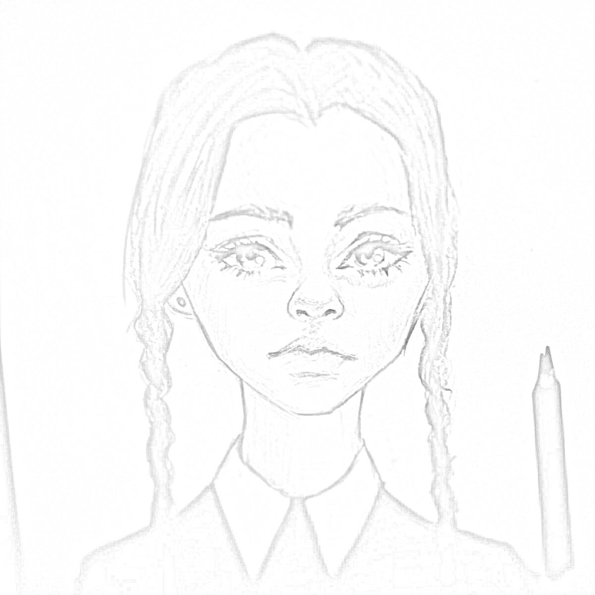 Раскраска Портрет девушки с косичками и карандаш