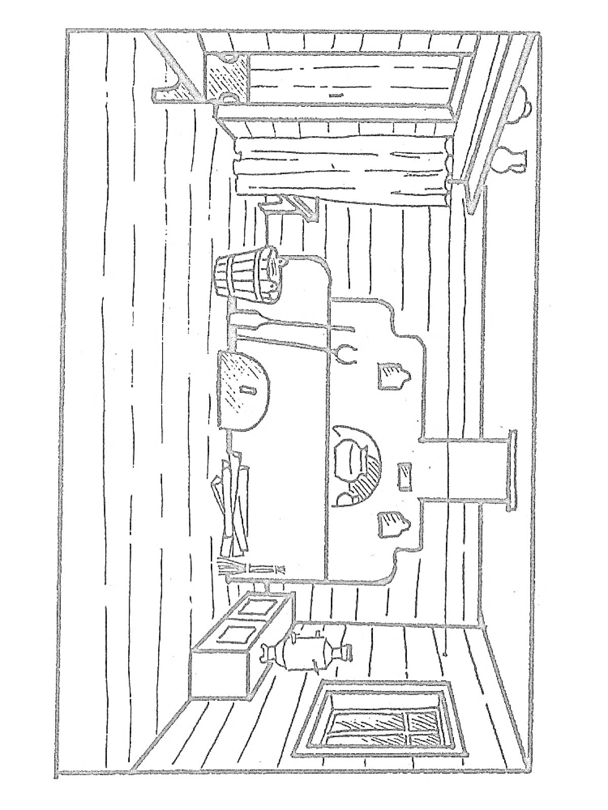 Раскраска Изба с русской печью, занавесками, лавкой, ведром, ухватом, горшком, поленницей, сундуком и окном.