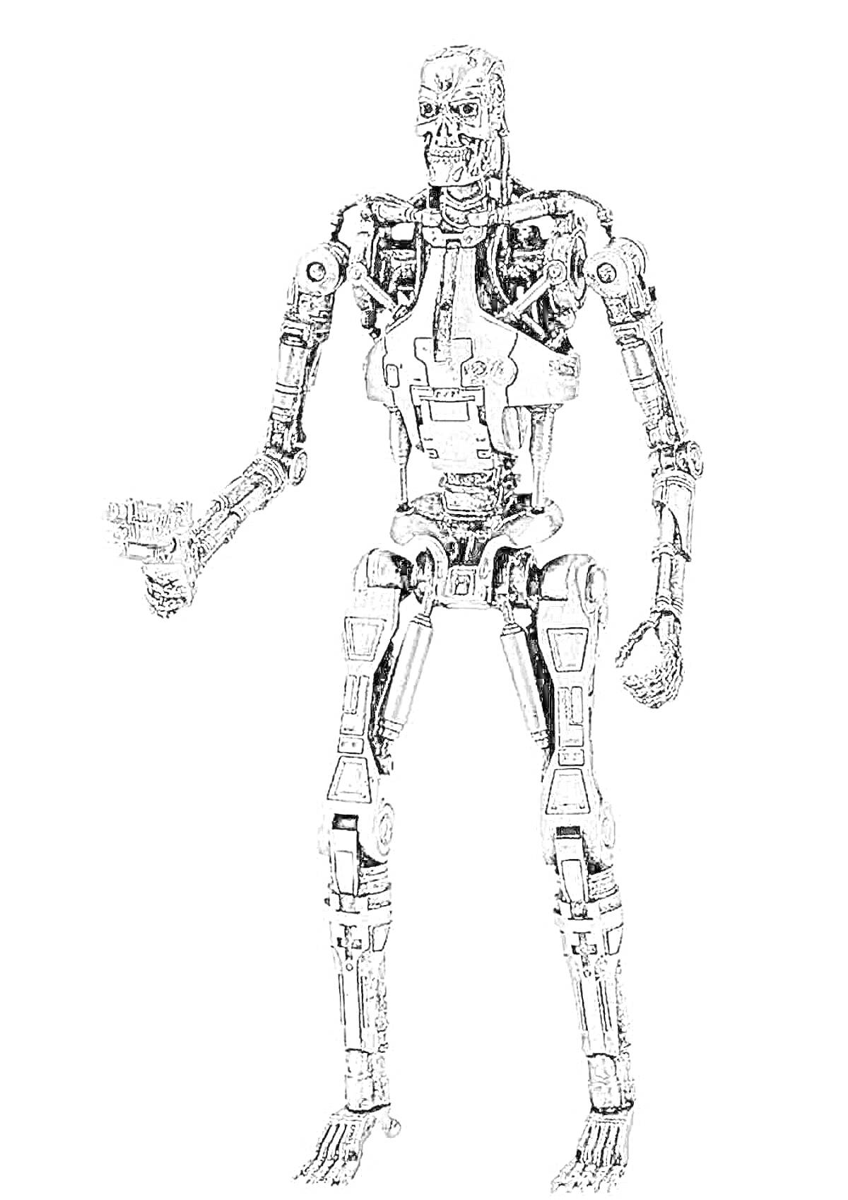 Раскраска Терминатор с протянутой вперед рукой, держащей оружие