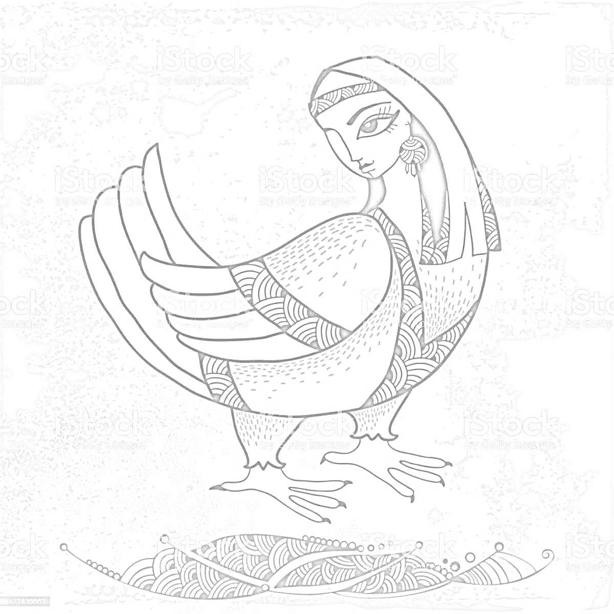 Раскраска Сирин птица с украшенной головой и перьями, голова девушки с серьгой, орнамент на хвосте