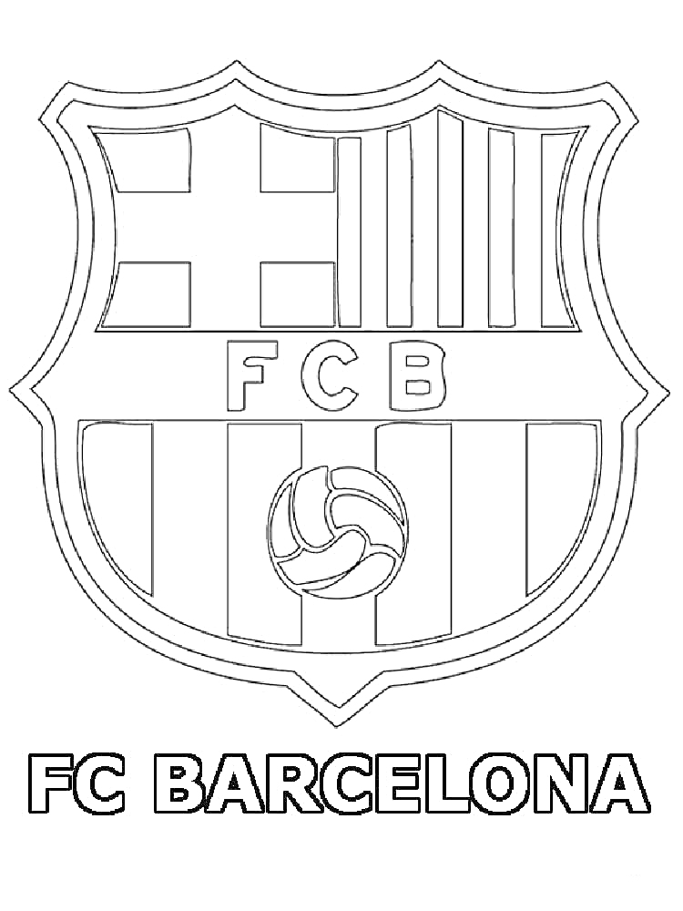 Раскраска Логотип ФК Барселона, включающий стилизованный крест, полосы, мяч и инициалы FCB, надпись 