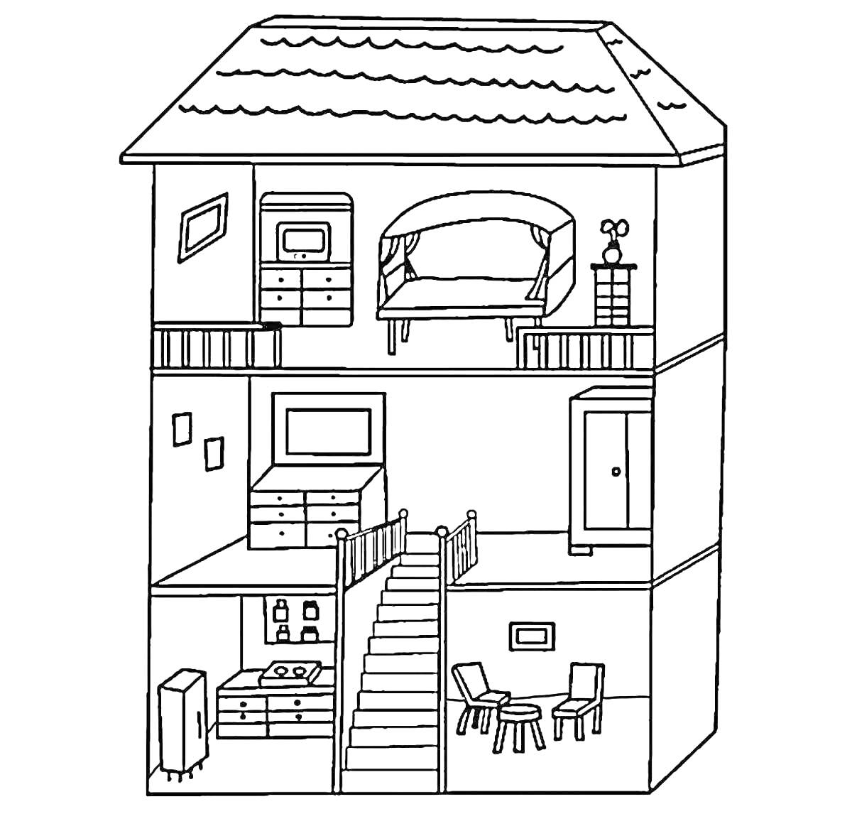 На раскраске изображено: Дом, Разрез, Мебель, Лестница, Комната, Стол, Стул, Шкаф, Диван, Холодильник
