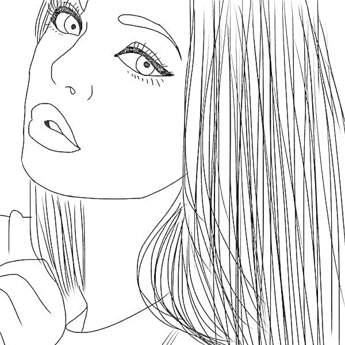 Раскраска Девушка с длинными волосами, ресницами, открытыми губами и выразительными глазами