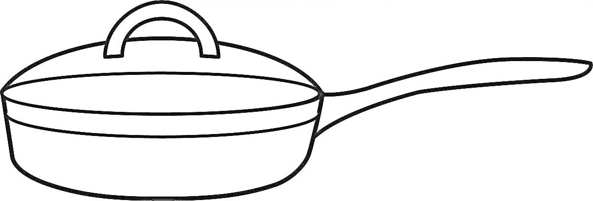 На раскраске изображено: Сковорода, Крышка, Длинная ручка, Кухонная утварь, Для детей