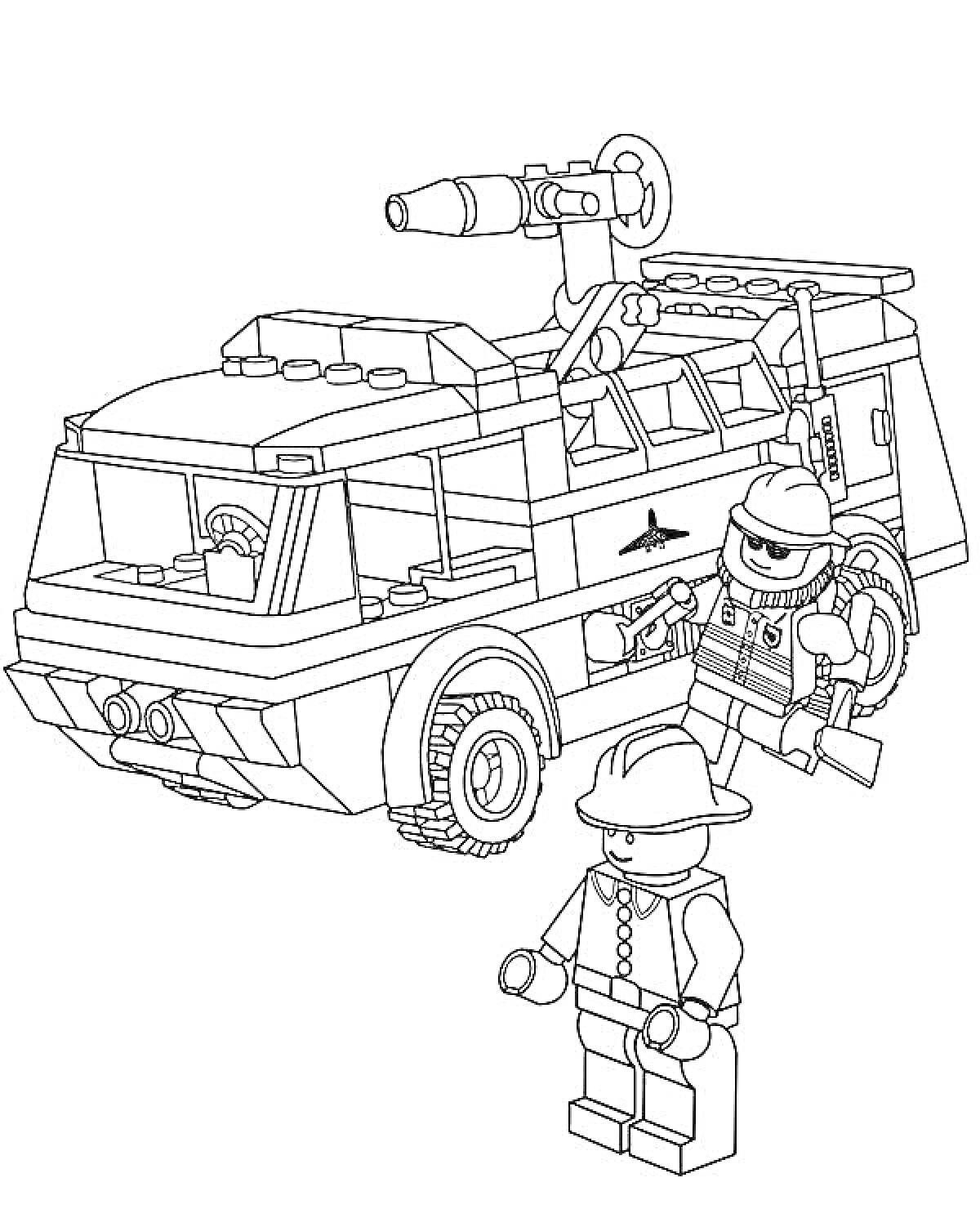 На раскраске изображено: Лего, Полиция, Полицейская машина, Минифигурки, Патруль, Игрушки