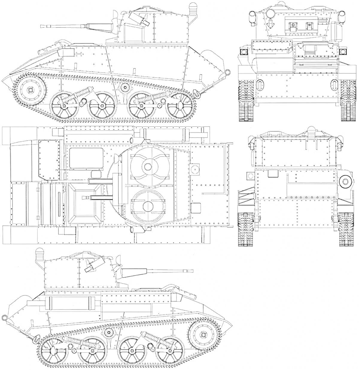 Раскраска Схематическое изображение танка БТ-7 с видимыми деталями корпуса и башни, включая колеса, гусеницы, вооружение и элементы конструкции с разных ракурсов