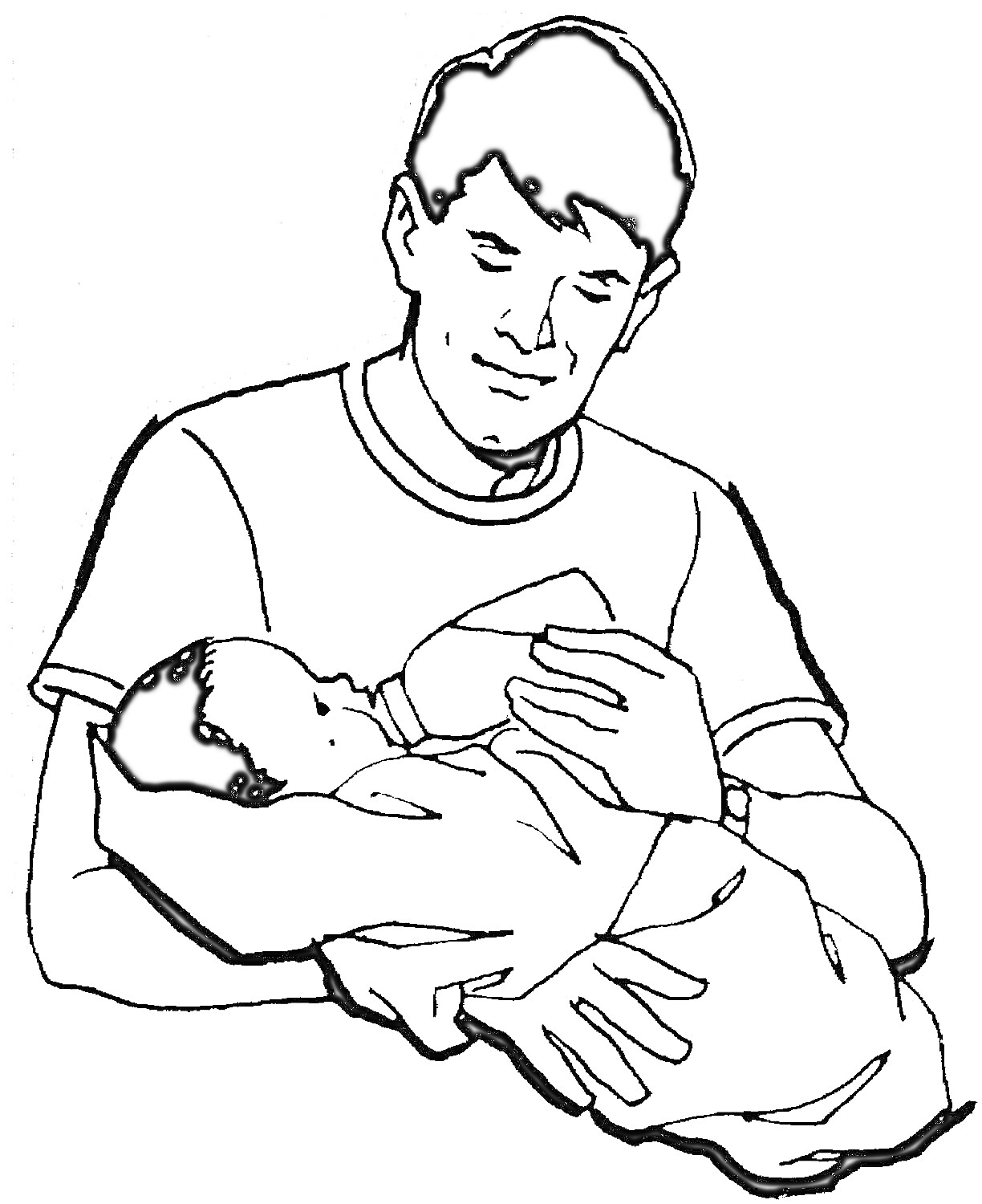 На раскраске изображено: Младенец, Забота, Семья, Мужчина, Ребёнок, Детство, Бутылка, Корм, Отец